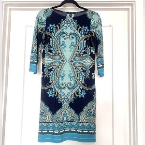 Suite 7 Navy/ Teal Blue Paisley Elbow Sleeve, Knee Length Shift Dress- Petite 4P